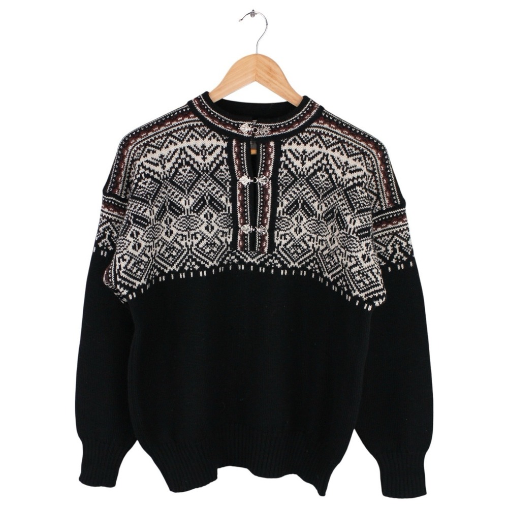 Vintage Meister 100% Wool Nordic Ski Sweater Black Fair Isle Clasp Front Medium